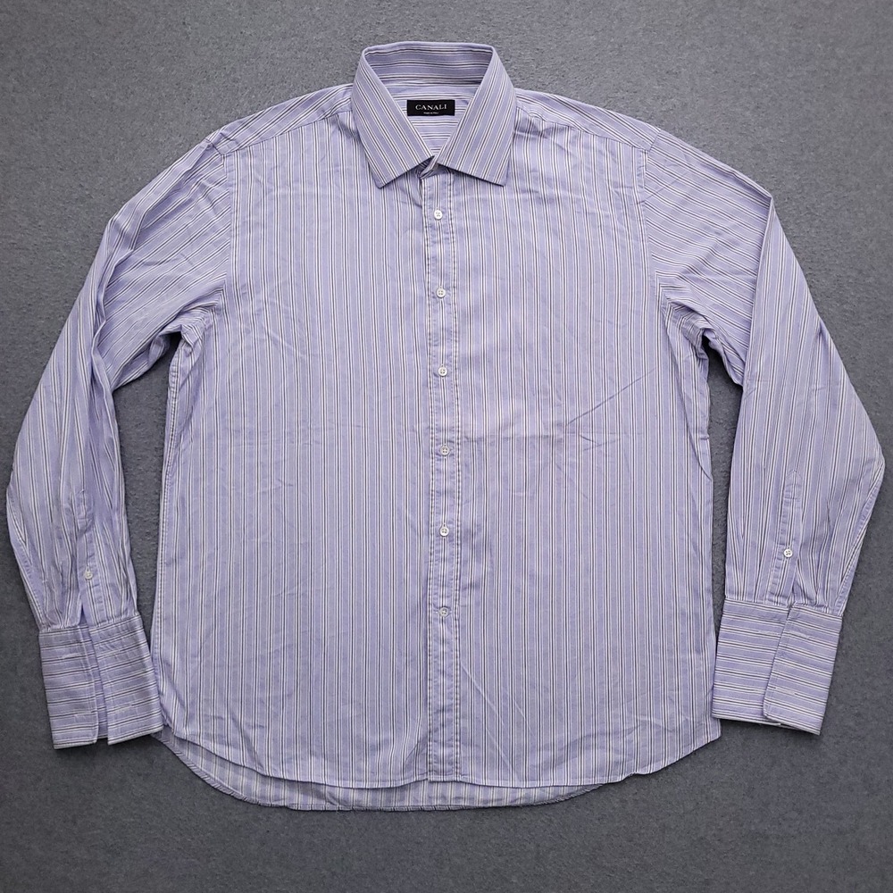 Canali Dress Shirt Mens 17 36 Regular Fit Blue White Striped Made in Italy
